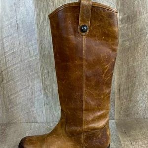 FRYE Melissa Tall Button Riding Boots Brown Distressed Leather Women’s 6.5 B.